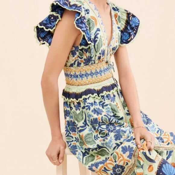 Anthropologie Farm Rio Ocean Tapestry Maxi Smocked Green Blue Lace Midi Dress - Picture 2 of 11